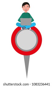 happy guy sit in pin map with laptop device