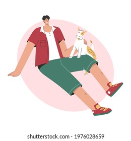 Happy guy sitting with dog. Smiling man hugging his puppy. Friendship owner and pet, domestic animal care, leisure and activity together. Vector character illustration isolated on white background