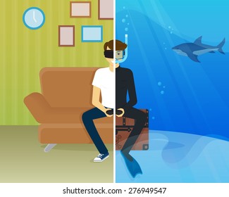 Happy guy is sitting at home and doing scuba diving using vr head-mounted device for virtual reality. Flat vector concept illustration of virtual reality helmet for vr game and scuba diving simulation