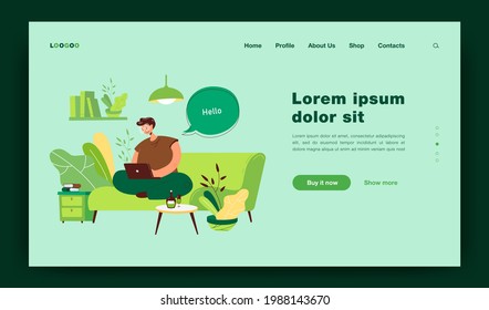 Happy guy sitting on sofa and working from home flat vector illustration. Cartoon businessman chatting with colleagues online via laptop computer. Freelance and distance work concept
