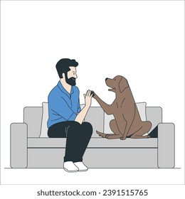 happy guy sitting on a sofa and looking at dog. Man and dog high five. Golden Retriever dog giving paw high five owner, closeup photo