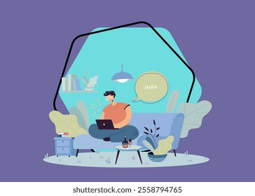 Happy guy sitting on sofa and working from home flat vector illustration. Cartoon businessman chatting with colleagues online via laptop computer. Freelance and distance work concept