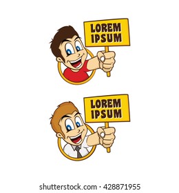 happy guy smile cartoon holding sign theme vector art illustration