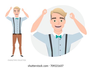 A happy guy smiling and cheering.