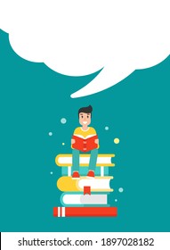 happy guy with stack of books and speech bubble. creative study, education, school. man giving advice . flat vector illustration turquoise background. Hints and tints. Questions and answers.