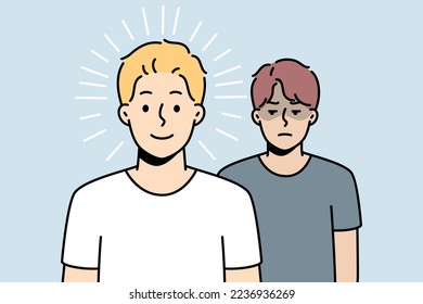 Happy guy stands in front of sad one. Gloomy man is after joyful one. Boy is jealous of success of friend, neighbor, wants to take revenge, harm him. Winner, looser. Vector outline illustration.