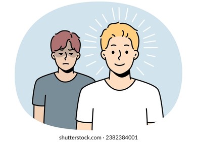 Happy guy stands in front of sad one. Gloomy man is after joyful one. Boy is jealous of success of friend, neighbor, wants to take revenge, harm him. Winner, looser. Vector outline illustration.