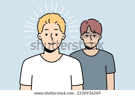 Happy guy stands in front of sad one. Gloomy man is after joyful one. Boy is jealous of success of friend, neighbor, wants to take revenge, harm him. Winner, looser. Vector outline illustration.