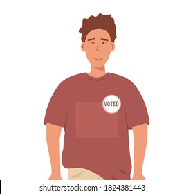 Happy guy with sticker voted on his shirt. Modern man given his vote for American president. Voting theme vector illustration. Concept for election campaign in America. Citizen of USA just voted.