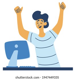 Happy guy at table computer, successful employee vector character. The concept of Successful. Productive work and a good working day. Vector illustration