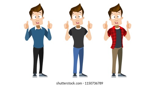 Happy guy with thumb up isolated set. Cute teenager character with symbolic approval gesture. Standing cartoon personage in casual clothes. Young man showing popular cool sign vector illustration