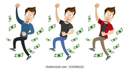 Happy guy under money fall isolated set. Young man character celebrating business success and achievement. Successful cartoon personage under rain dollar banknotes. Cash falling vector illustration