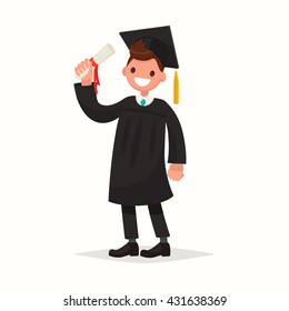 Happy guy university graduate in black gown. Vector illustration of a flat design