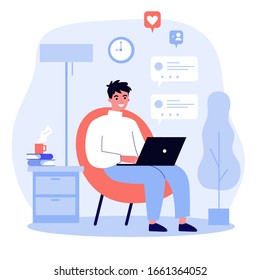 Happy guy using computer for online chat. Young man with laptop sitting in armchair at home. Vector illustration for communication, social media network, digital marketing concept