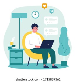 Happy guy using computer for online chat. Young man with laptop sitting in armchair at home. Vector illustration for communication, social media network, digital marketing concept