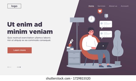 Happy guy using computer for online chat. Young man with laptop sitting in armchair at home. Vector illustration for communication, social media network, digital marketing concept