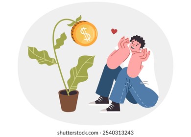 Happy guy watches potted money tree grow as metaphor for passive investment income. Young man has made investment and does nothing, enjoying receiving financial dividends from deposit