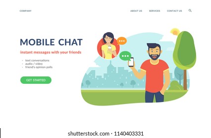 Happy guy wearing beard is sending messages via messenger app using his smartphone to young girl. Flat concept vector website template and landing page design of mobile chat and text conversations