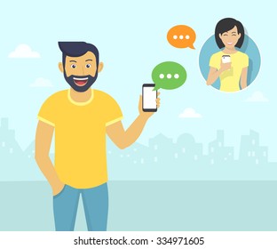 Happy Guy Wearing Beard Is Sending Messages Via Messenger App To Young Girl. Flat Illustration Of People Communication With Sms Bubbles