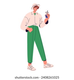 Happy guy wearing stylish summer outfit. Young man in hat holds cool drink glass, walking. Person in trousers, shirt strolling with refreshments. Flat isolated vector illustration on white background