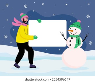 Happy guy in winter clothes holding a white sign, holiday banner with a snowman. Merry Christmas and Happy New Year. Vector illustration, flat.