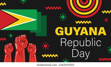 Happy Guyana republic day banner vector design celebrated on the 23rd of February every month. Background illustration with Guyana flag colors and fist to show power decorated using  geometric shapes.