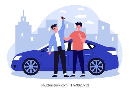 Happy guys celebrating buying car. Friends, car rent, car sharing flat vector illustration. Driving, urban transport, automobile concept for banner, website design or landing web page