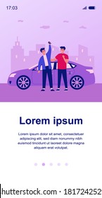 Happy guys celebrating buying car. Friends, car rent, car sharing flat vector illustration. Driving, urban transport, automobile concept for banner, website design or landing web page