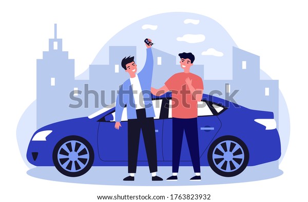 Happy guys\
celebrating buying car. Friends, car rent, car sharing flat vector\
illustration. Driving, urban transport, automobile concept for\
banner, website design or landing web\
page