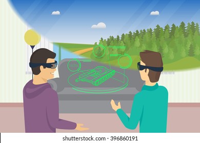 Happy guys is playing video game using head-mounted device for augmented and virtual reality. Conceptual illustration of people look at tank hologram and nature landscape through headset 