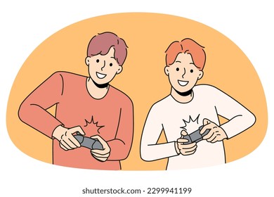 Happy guys playing video games holding joysticks. Smiling men gamers have fun together enjoy console videogame on TV or computer. Leisure time and relaxation. Vector illustration.