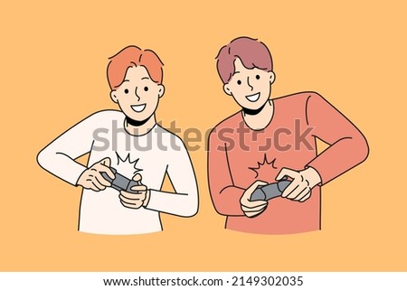 Happy guys playing video games holding joysticks. Smiling men gamers have fun together enjoy console videogame on TV or computer. Leisure time and relaxation. Vector illustration.  Stok fotoğraf © 