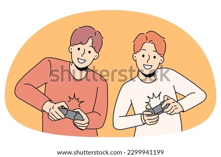 Happy guys playing video games holding joysticks. Smiling men gamers have fun together enjoy console videogame on TV or computer. Leisure time and relaxation. Vector illustration. Stok fotoğraf © 