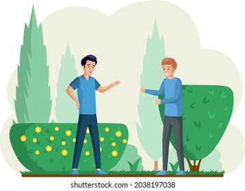 Happy guys smiling friends playing rock-paper-scissors in city park. Best summer outdoor activities. Active weekend with friend. Men show gestures with their hands while playing rock, paper, scissors
