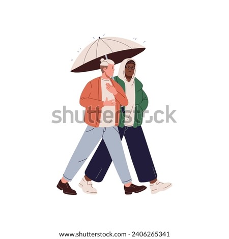 Happy guys walking with umbrella in rainy weather together. Friends shares same parasol, hiding from rain. Young men holding brolly, strolling. Flat isolated vector illustration on white background