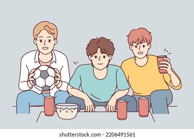 Happy guys watch football at home together . Vector Happy guys have fun sit at home watching football together. Smiling friends enjoy weekend indoors with sport match. Vector illustration. 