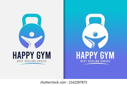 Happy Gym Logo Design. Kettlebell Symbol Combined with Happy People Logo Design.