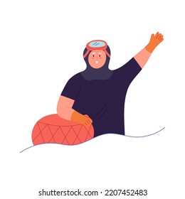 Happy Haenyeo woman waving and welcoming to jeju island, flat vector illustration isolated on white background. Cute character of elderly diver woman of South Korean jeju island.