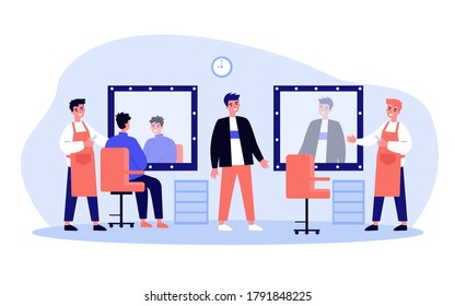 Happy hairdressers standing at chairs and working with their male clients. Young men visiting barbershop. Vector illustration for haircut, parlor, hairdressing salon concept