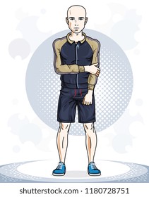 Happy hairless young adult man standing. Vector character wearing sport clothes, healthy lifestyle and fitness theme.