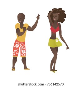 Happy Haitian, Hawaiian, black, African American couple, man and woman, dancing at beach party, flat cartoon vector illustration isolated on white background. Black couple dancing, beach party