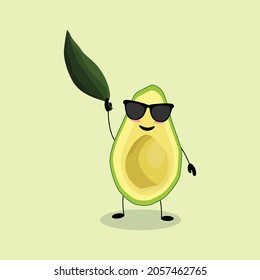 The happy half of an avocado in sunglasses. Anthropomorphic image of a fruit. A green avocado is waving a leaf in a happy mood. Vector illustration isolated on a light yellow background.