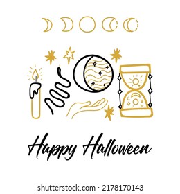 Happy Hallloween Doodle Postcard. Vector Illustration of Scary Holiday Greeting Card.
