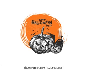 Happy hallooween party with pumpkins, bats on orange background. Vector design for invitation card, greeting card, poster and banner halloween celebration event