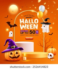 Feliz Hallowee Sale, pódio amarelo e branco, sorriso de abóboras, fantasma segurando um balão, morcego voando, design do folheto do cartaz em fundo laranja, Eps 10 ilustração vetorial