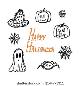 Happy Halloweeen. Halloween lettering with small elements of pumpkin, fantom, spider, hat and web for poster, banner or greeting card. Sketch on white bachground