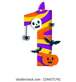Happy Halloween 1 One Numeral Numeric Party Font Character Cartoon Spooky Horror with colorful 3D Layer Paper Cutout Type design celebration vector Illustration Skull Pumpkin Bat Witch Hat Spider Web