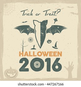 Happy Halloween 2016 Poster. Trick or treat lettering and halloween holiday symbols - bat, pumpkin, hand, witch hat, spider web and other. Retro banner, party flyer design. Vector illustration.