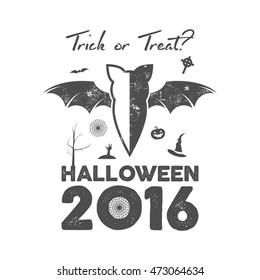 Happy Halloween 2016 Poster or poster. Trick ot treat lettering and halloween holiday symbols - bat, pumpkin, hand, witch hat, spider web and other. Old banner, party flyer design. Vector monochrome