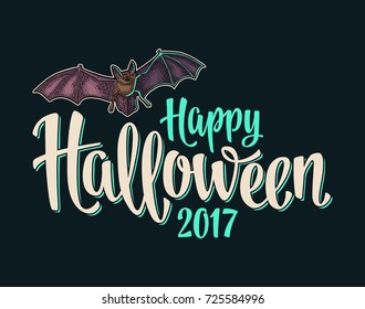 Happy Halloween 2017 calligraphy lettering. Bat flying with scary face. Vector color vintage engraving illustration isolated on dark background